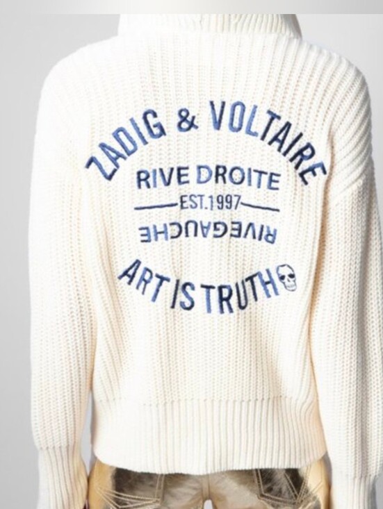 Zadig & Voltaire Sweaters - ZADIG & VOLTAIRE •  MOORE CREAM LOGO BACK ZIP UP HOODIE CARDIGAN SIZE MEDIUM